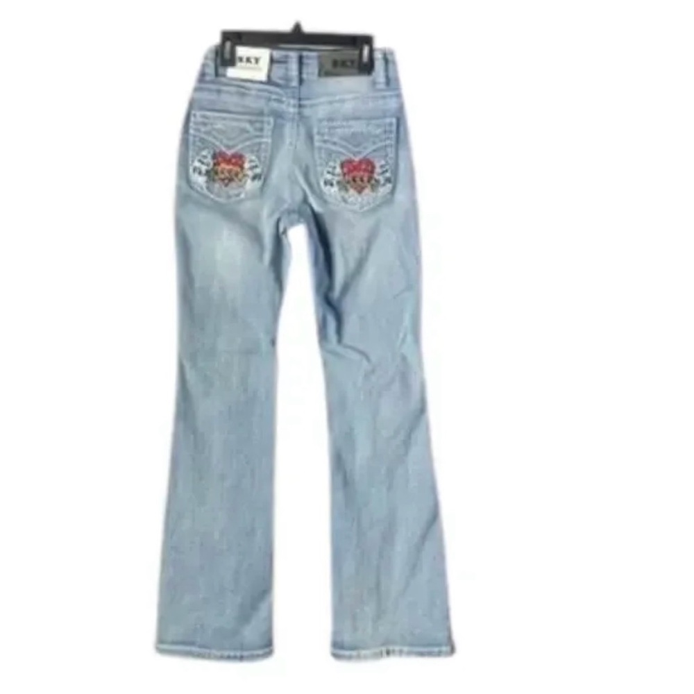 Sky Light Blue Flare Jeans with Embroidered Heart Back Pockets